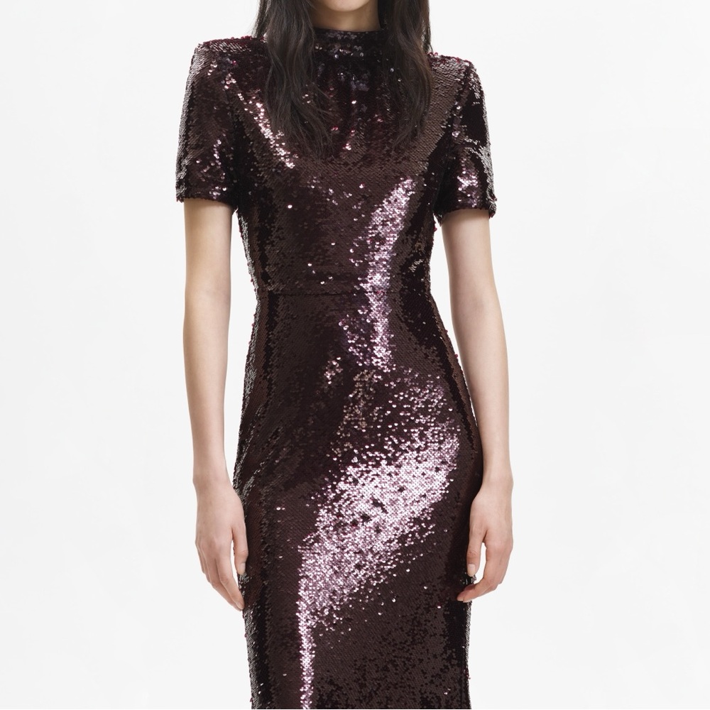 Self-Portrait Sequin Embellished Gown in Brown Short Sleeve Evening Maxi Dress 0 - Picture 4 of 10